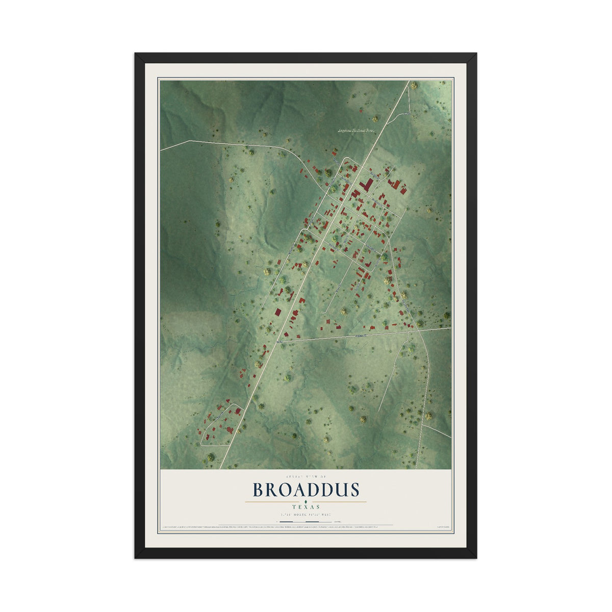 Map of Broaddus, Texas, 12 x 18 inch print in a black wood frame