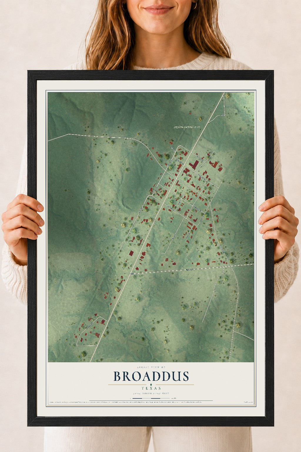 Map of Broaddus, Texas, 18 x 24 inch print in a black wood frame