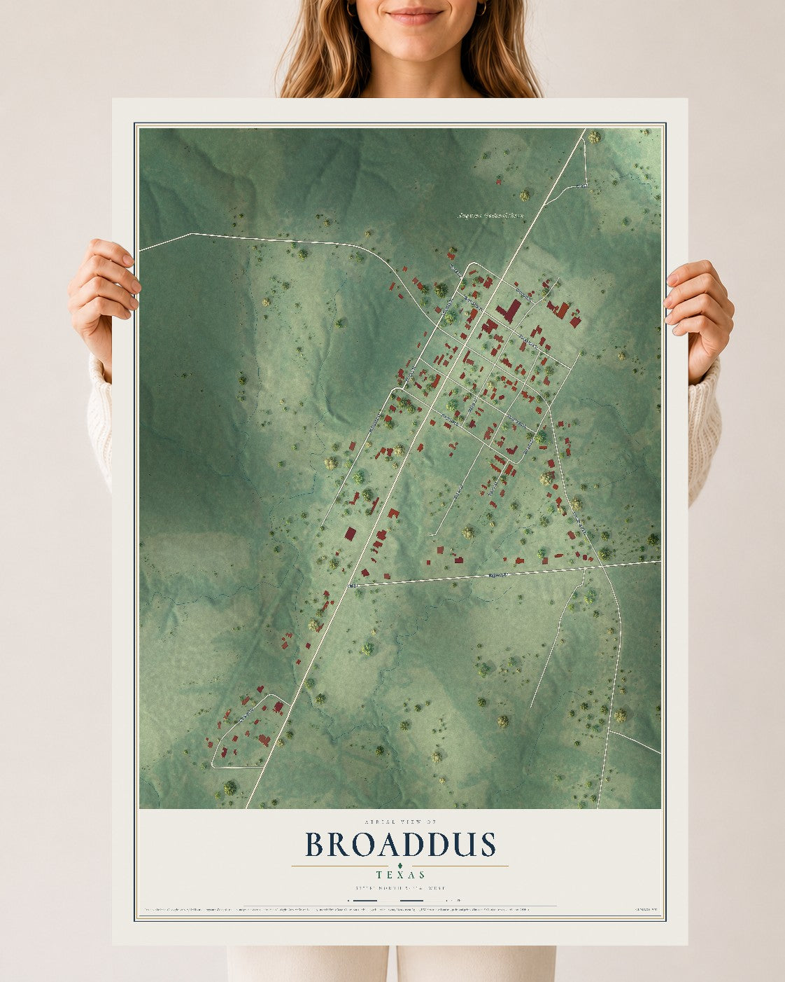 Map of Broaddus, Texas, 24 x 36 inch unframed archival matte print