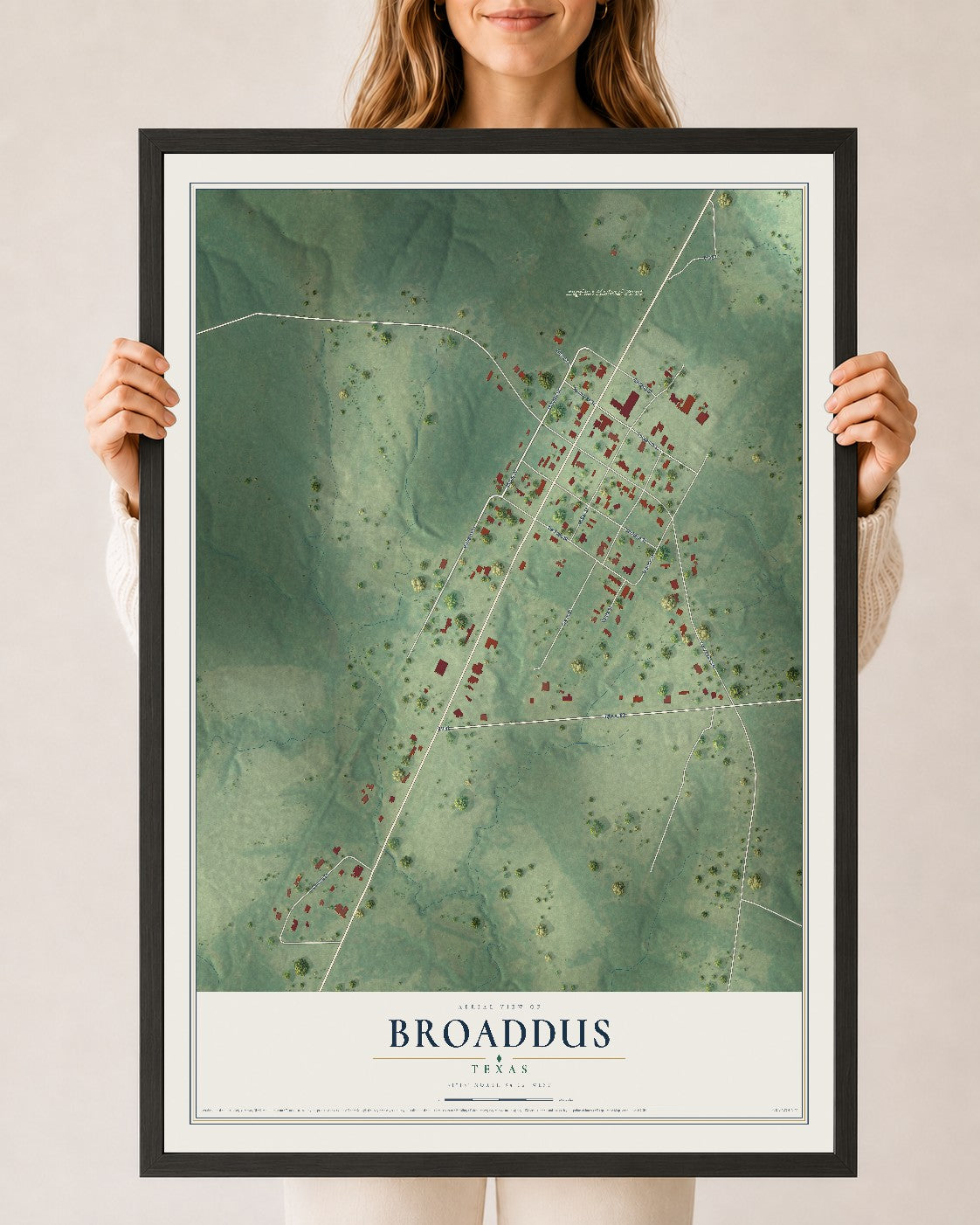 Map of Broaddus, Texas, 24 x 36 inch print in a black wood frame