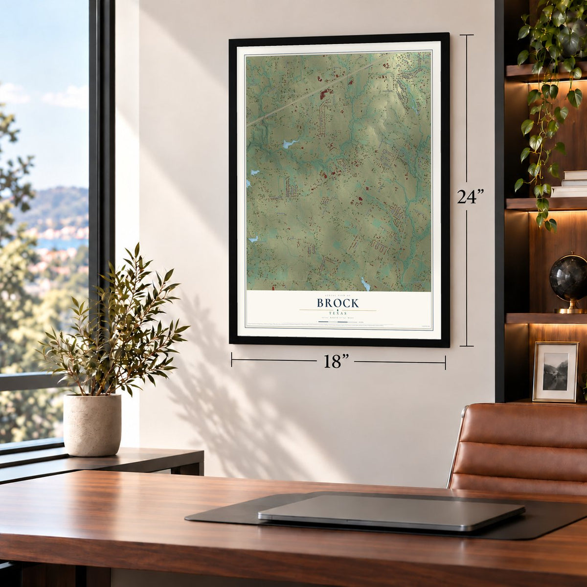 Brock, Texas map, 18 x 24 inch print in a black frame in a home office