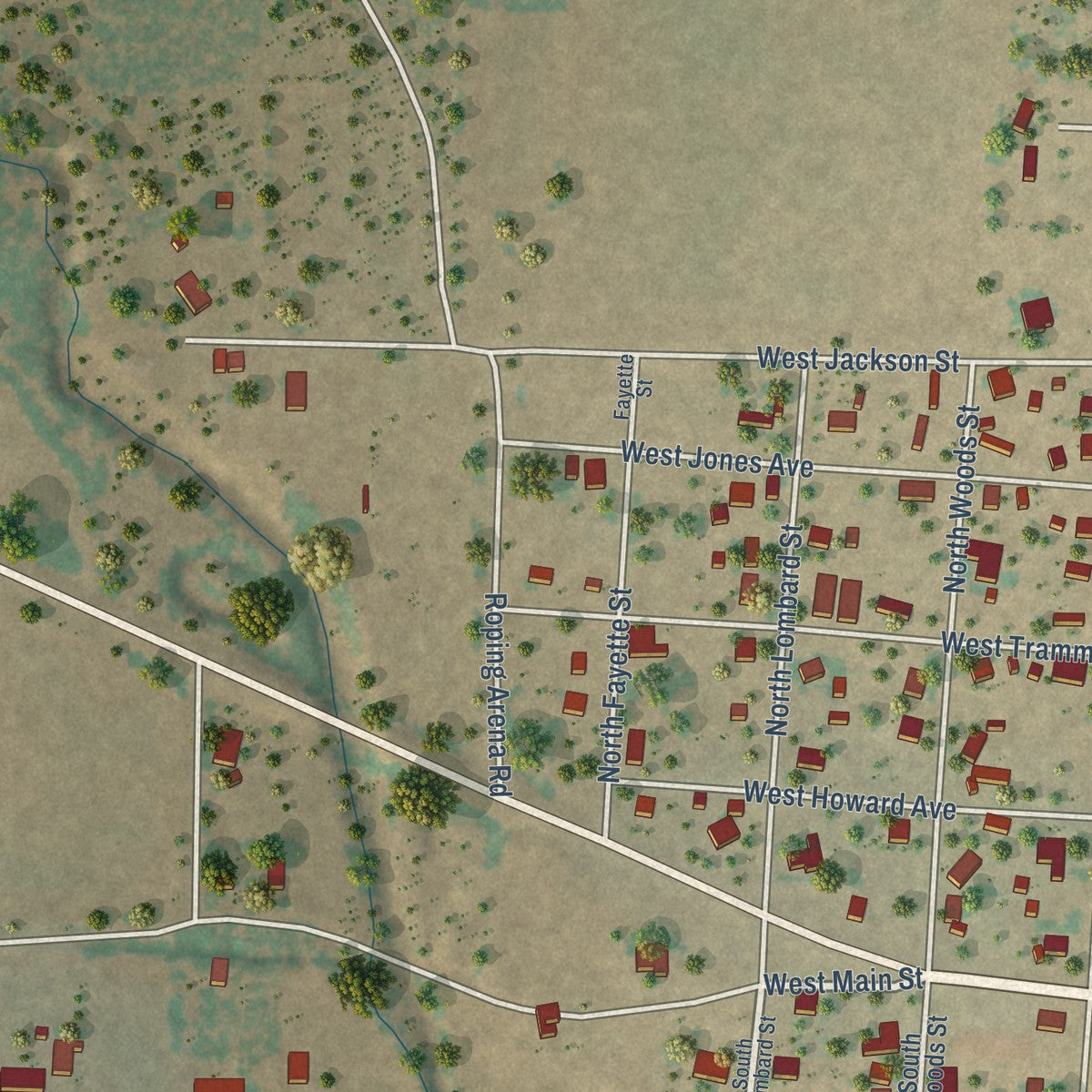 Second close-up of the map of Bronte, Texas print showing more streets and buildings