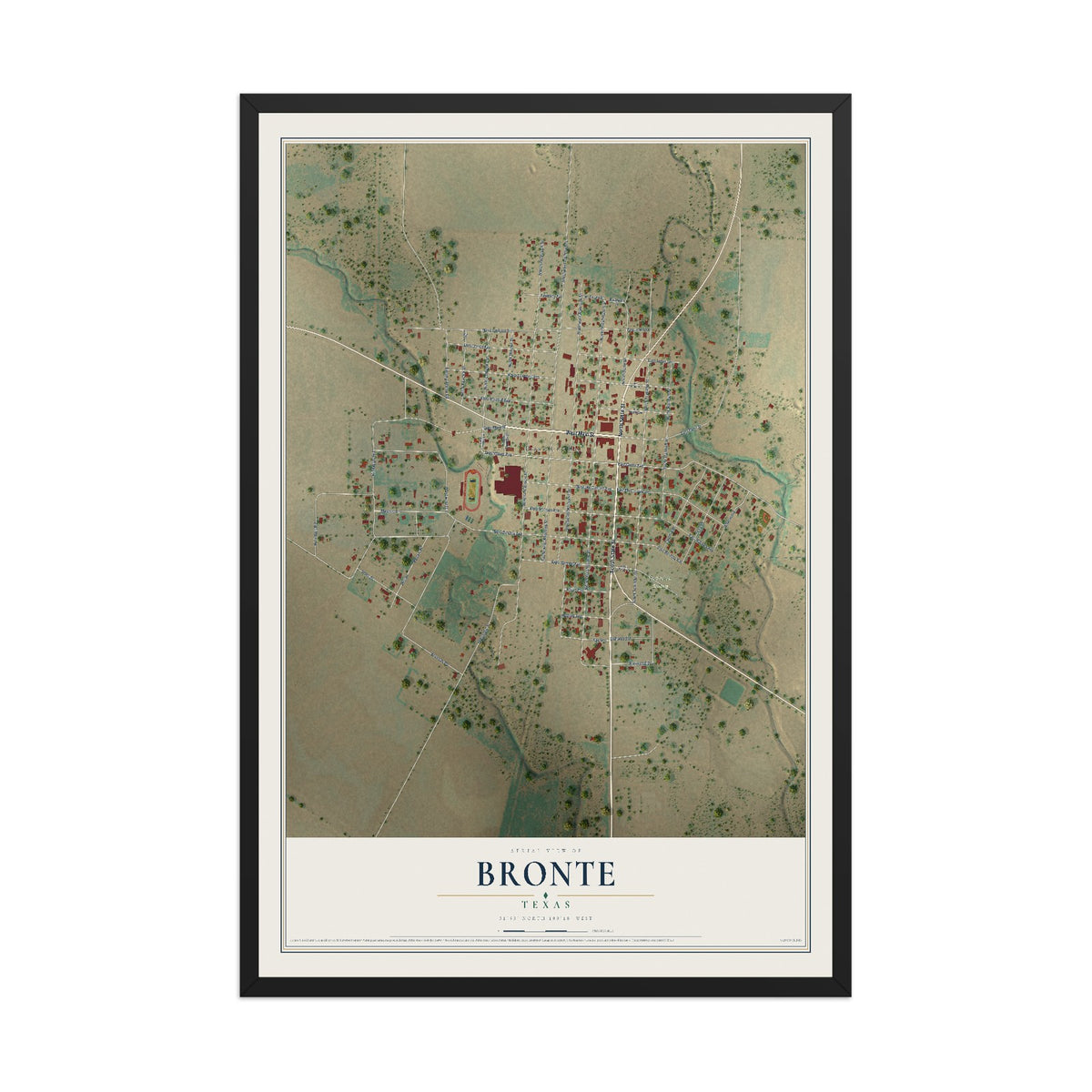 Map of Bronte, Texas, 12 x 18 inch print in a black wood frame
