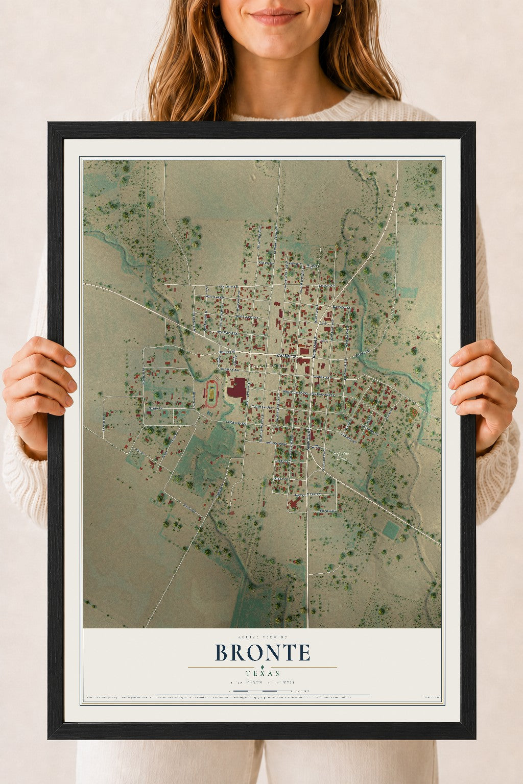 Map of Bronte, Texas, 18 x 24 inch print in a black wood frame