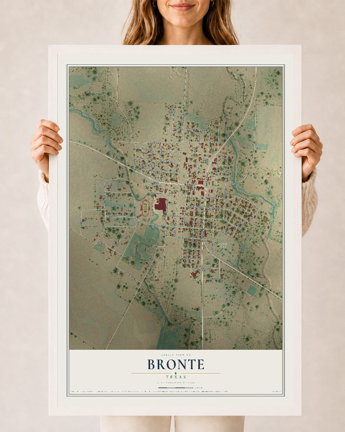 Map of Bronte, Texas, 24 x 36 inch print in a white wood frame