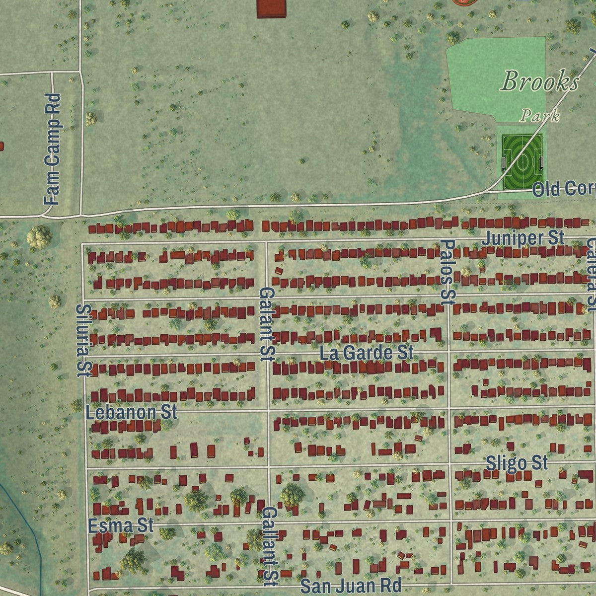Close-up of the map of Brooks, Texas print showing street and building detail