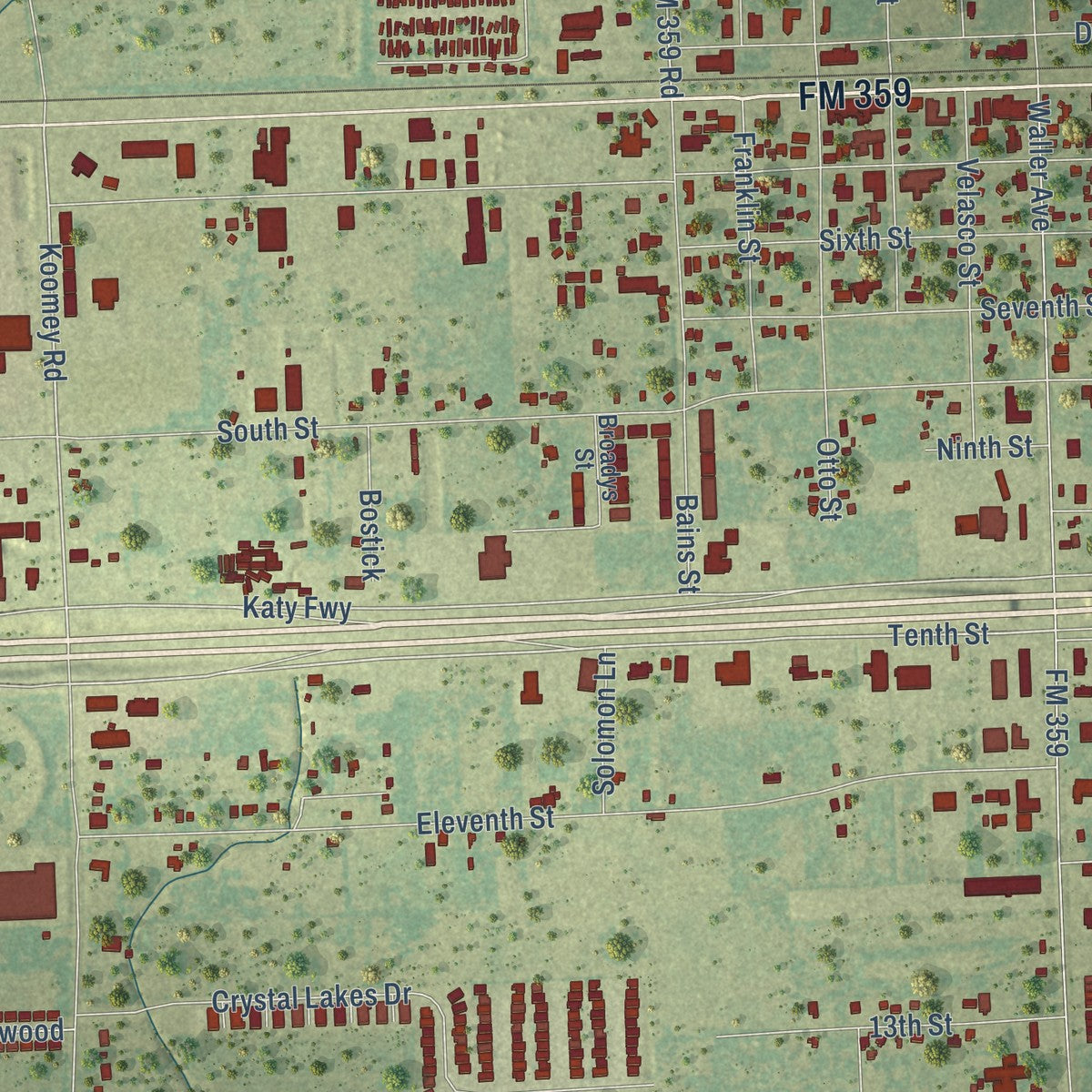 Close-up of the map of Brookshire, Texas print showing street and building detail