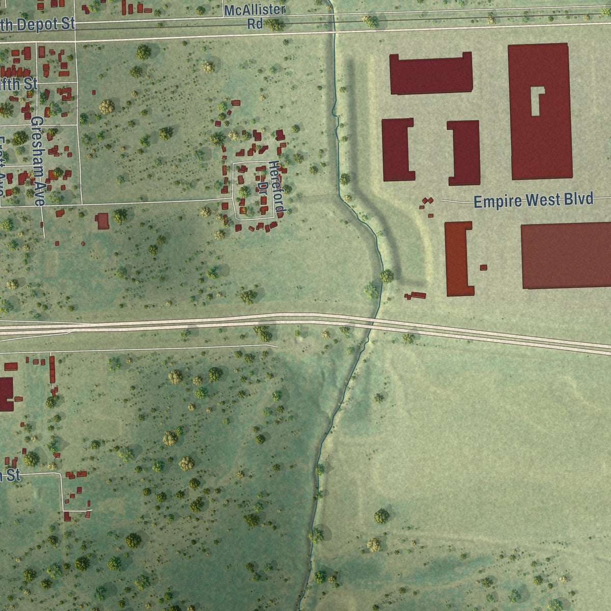Second close-up of the map of Brookshire, Texas print showing more streets and buildings