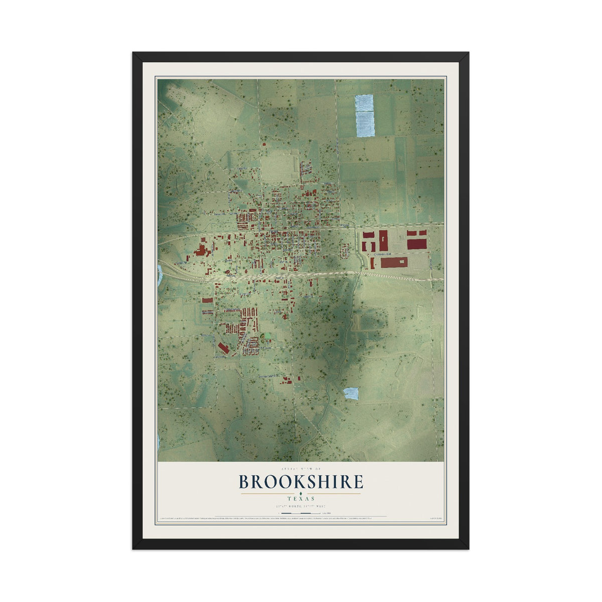 Map of Brookshire, Texas, 12 x 18 inch print in a black wood frame
