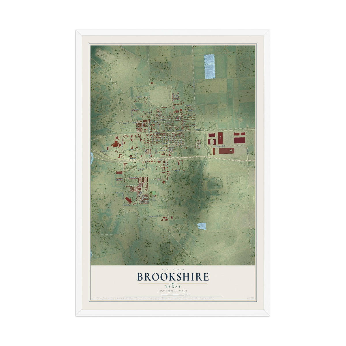 Map of Brookshire, Texas, 12 x 18 inch print in a white wood frame