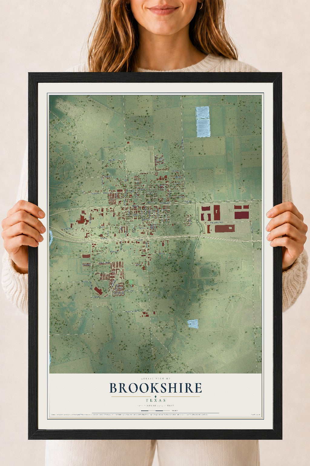 Map of Brookshire, Texas, 18 x 24 inch print in a black wood frame