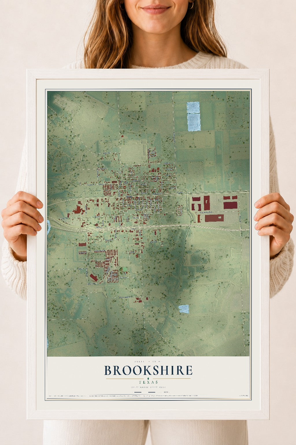 Map of Brookshire, Texas, 18 x 24 inch print in a white wood frame