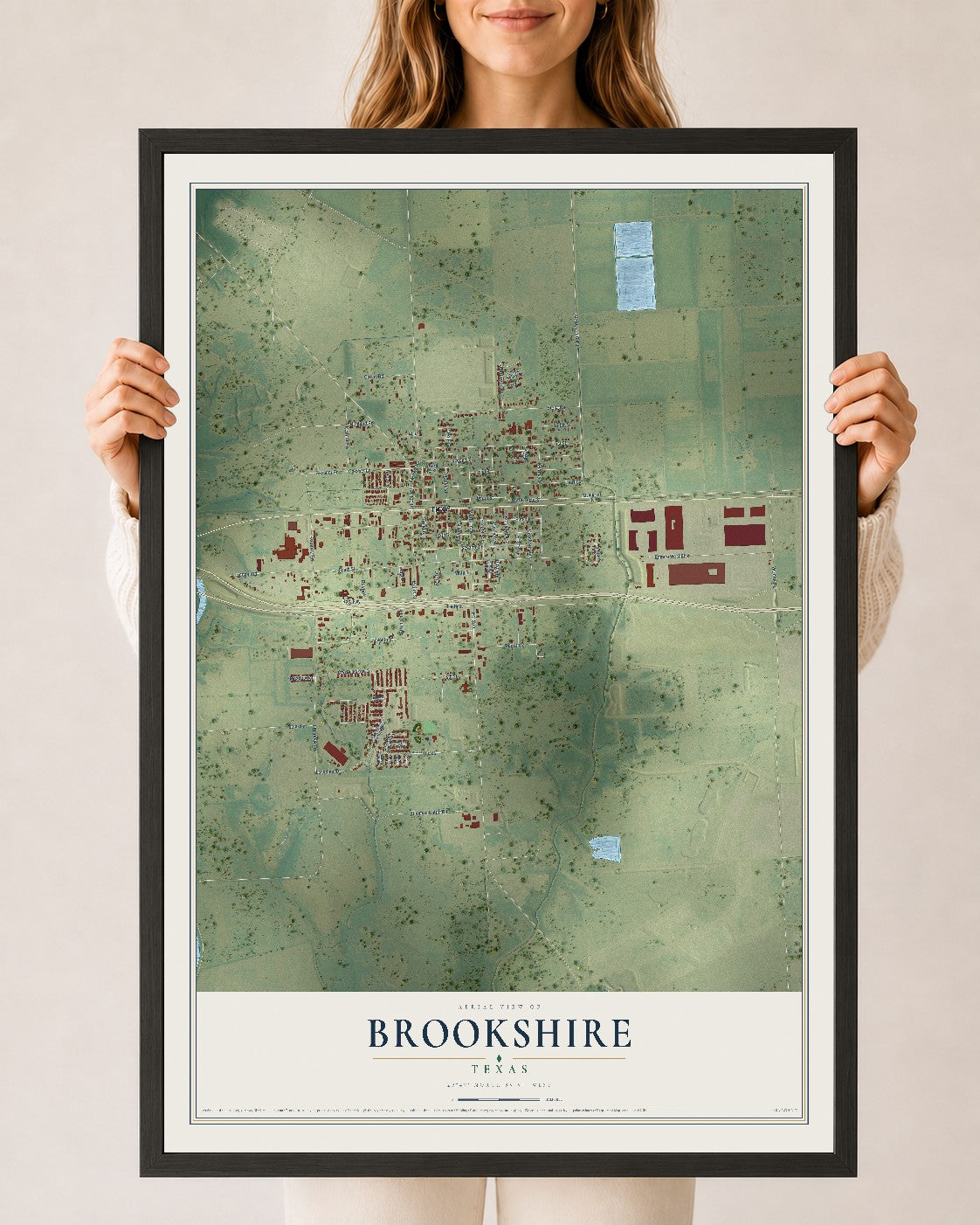 Map of Brookshire, Texas, 24 x 36 inch print in a black wood frame