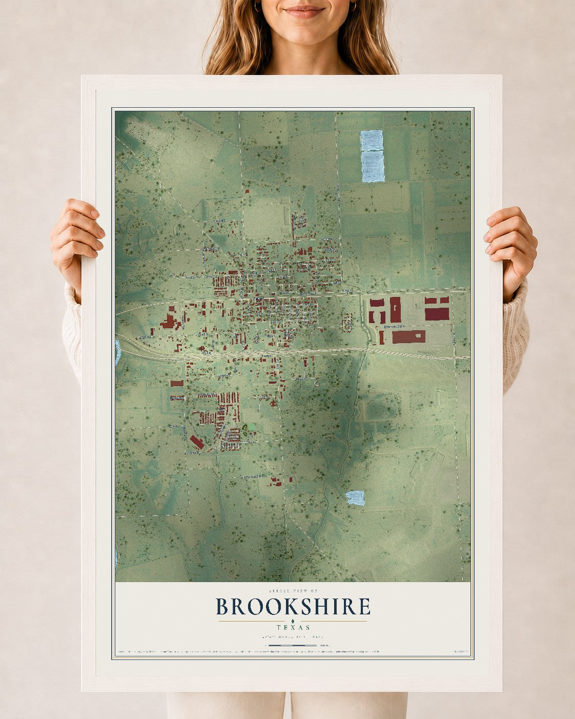 Map of Brookshire, Texas, 24 x 36 inch print in a white wood frame