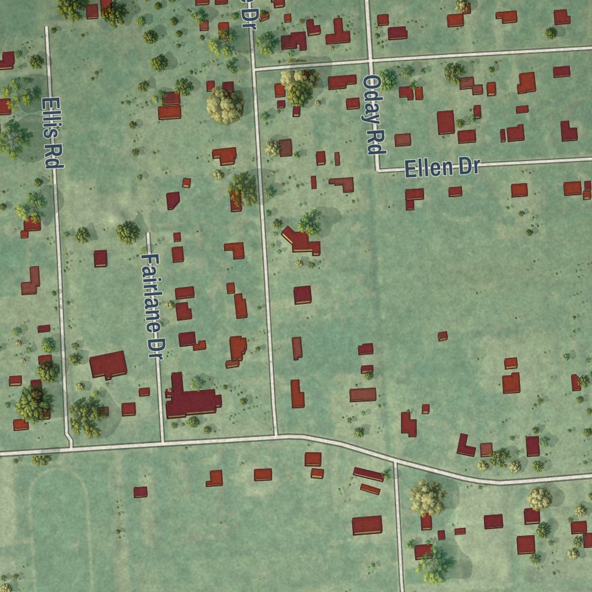 Close-up of the map of Brookside Village, Texas print showing street and building detail