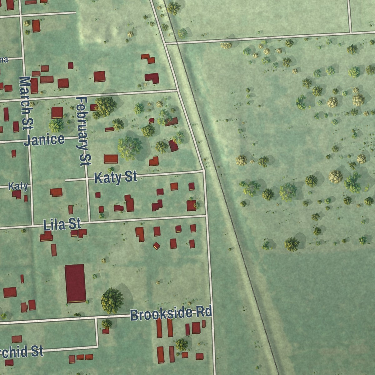 Second close-up of the map of Brookside Village, Texas print showing more streets and buildings