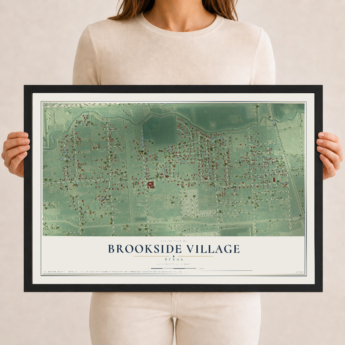 Map of Brookside Village, Texas, 12 x 18 inch print in a black wood frame