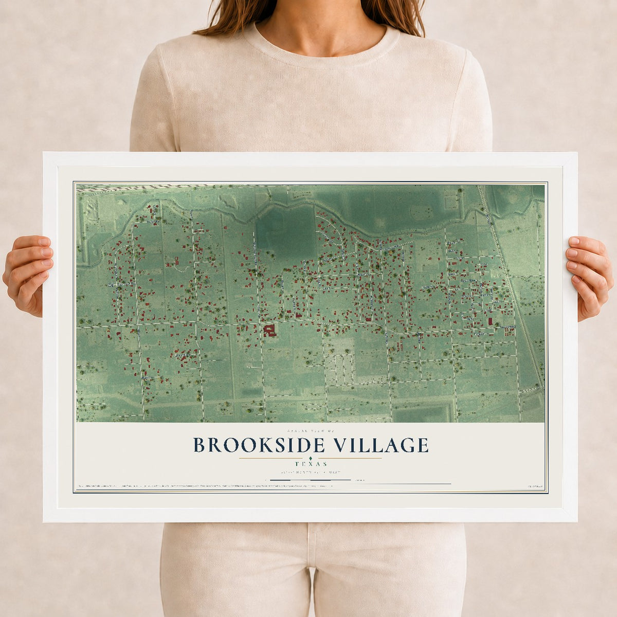 Map of Brookside Village, Texas, 12 x 18 inch print in a white wood frame