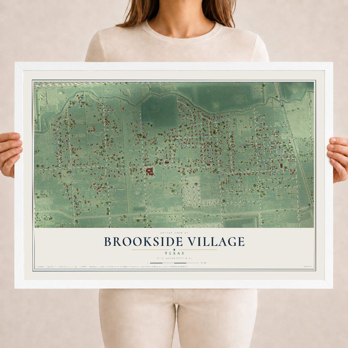 Map of Brookside Village, Texas, 18 x 24 inch print in a white wood frame