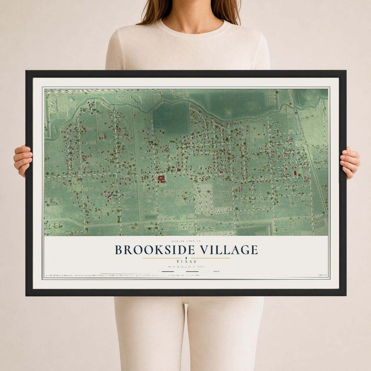 Map of Brookside Village, Texas, 24 x 36 inch print in a black wood frame