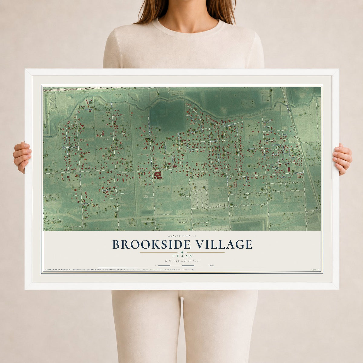 Map of Brookside Village, Texas, 24 x 36 inch print in a white wood frame