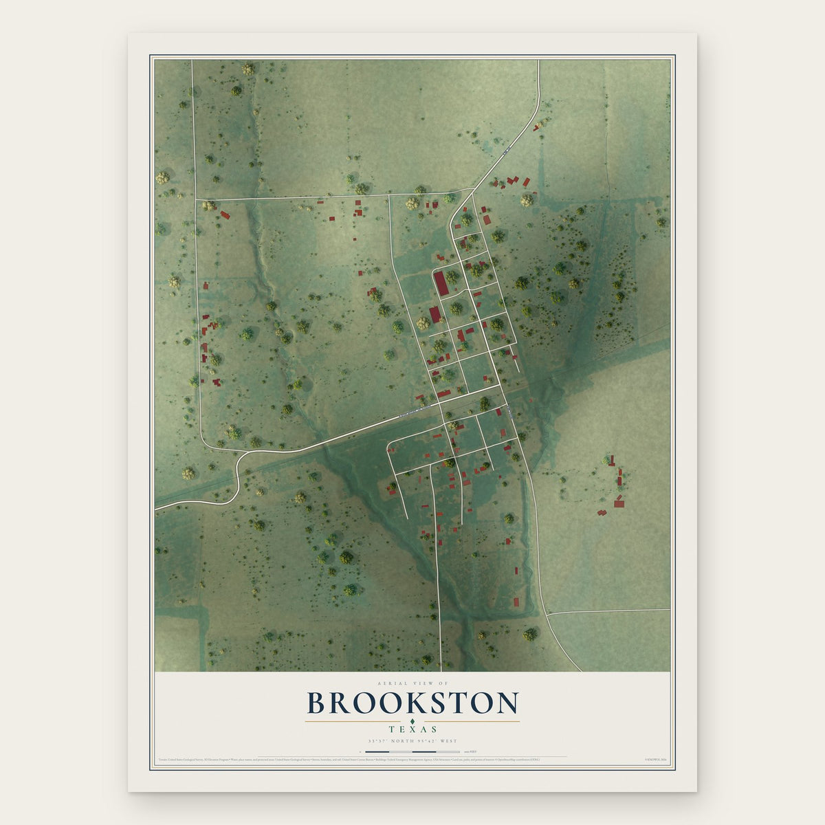 Brookston, Texas map print, the full design