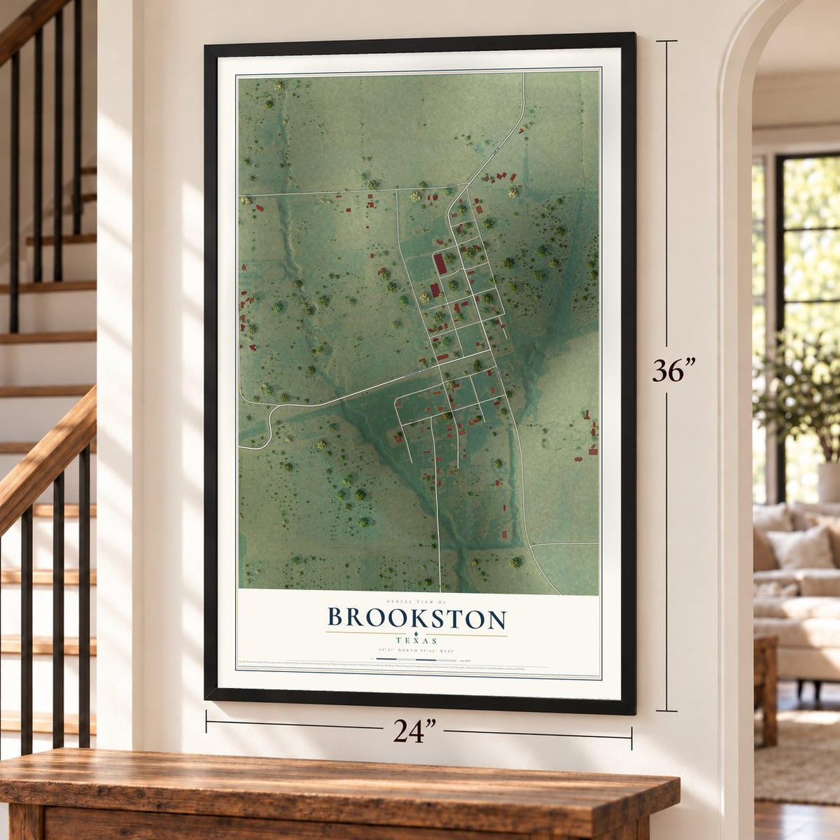 Brookston, Texas map, 24 x 36 inch print in a black frame by a staircase