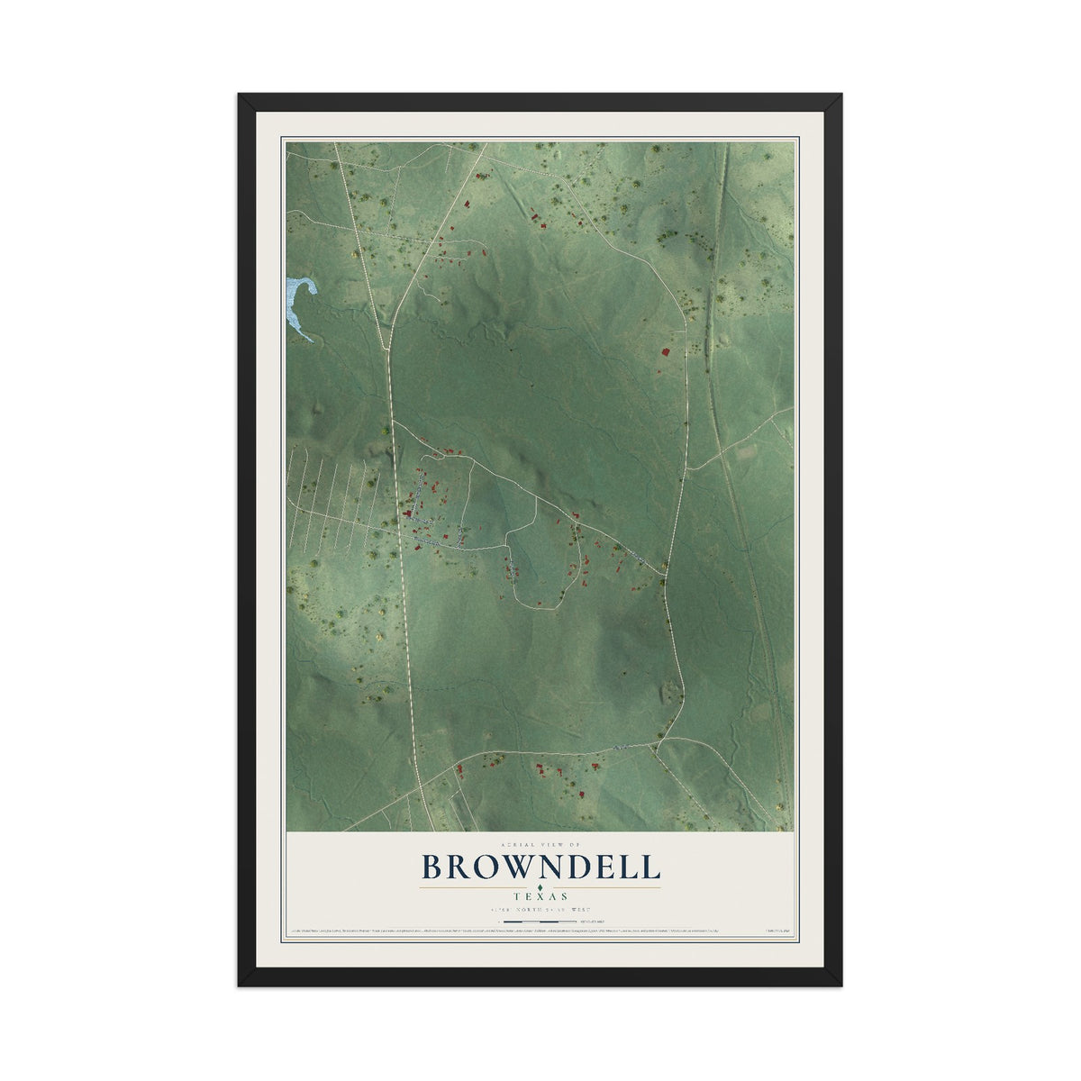 Map of Browndell, Texas, 12 x 18 inch print in a black wood frame