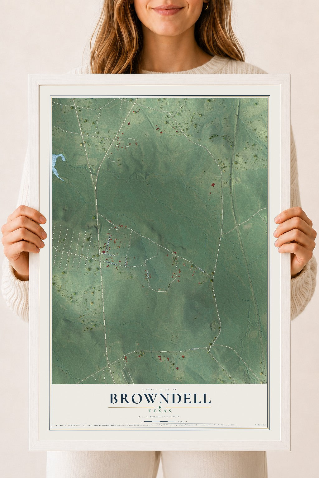 Map of Browndell, Texas, 18 x 24 inch print in a white wood frame