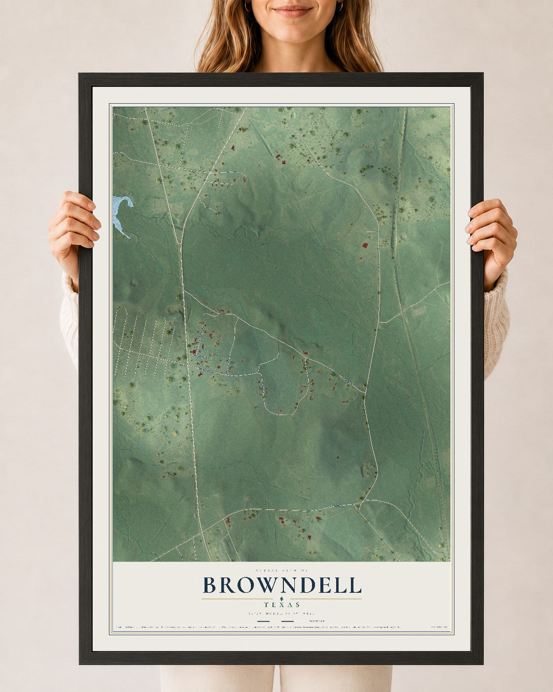 Map of Browndell, Texas, 24 x 36 inch print in a black wood frame