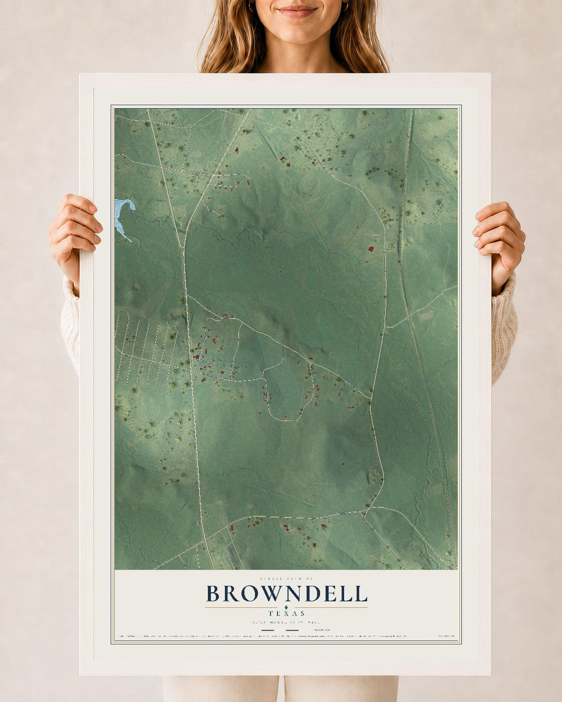 Map of Browndell, Texas, 24 x 36 inch print in a white wood frame