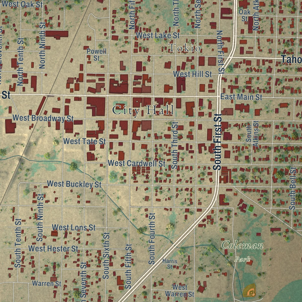 Close-up of the map of Brownfield, Texas print showing street and building detail