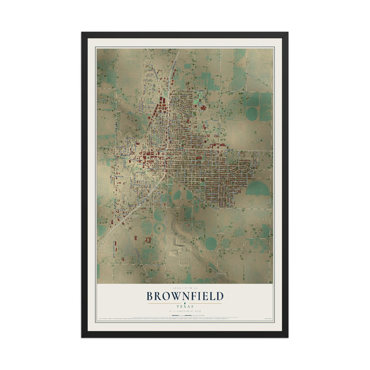 Map of Brownfield, Texas, 12 x 18 inch print in a black wood frame