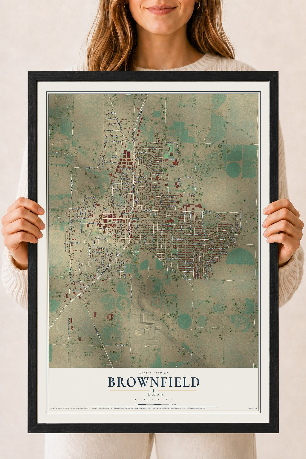 Map of Brownfield, Texas, 18 x 24 inch print in a black wood frame
