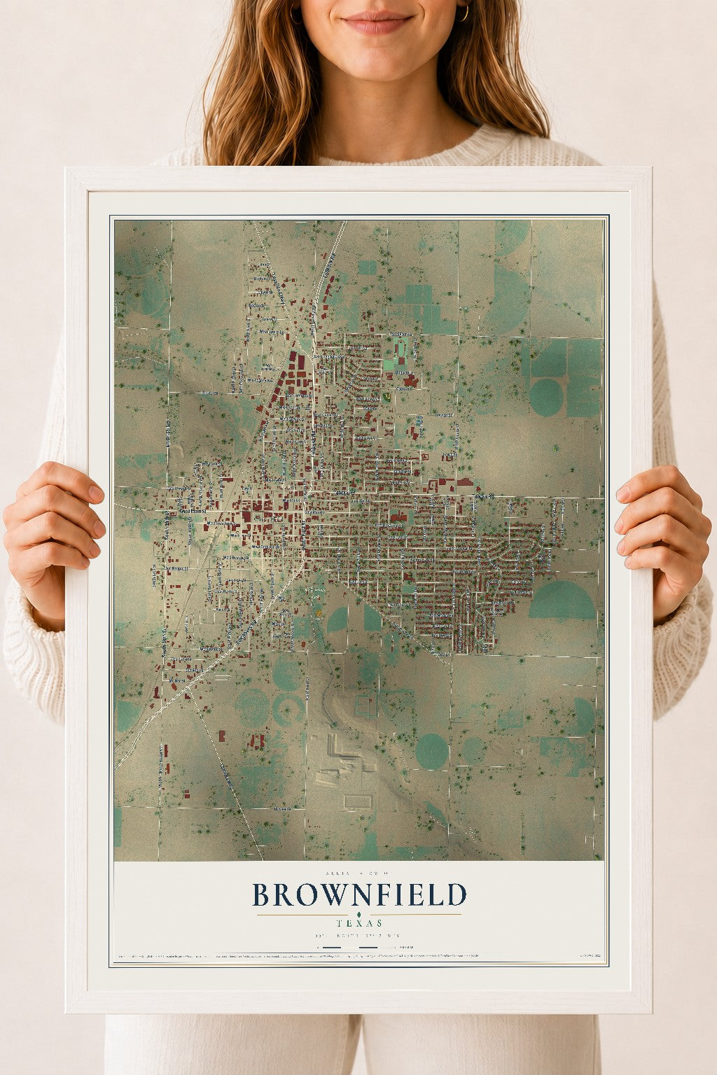 Map of Brownfield, Texas, 18 x 24 inch print in a white wood frame