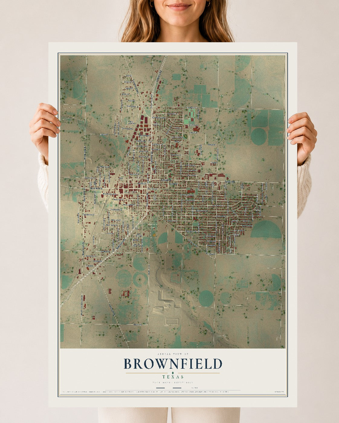 Map of Brownfield, Texas, 24 x 36 inch unframed archival matte print