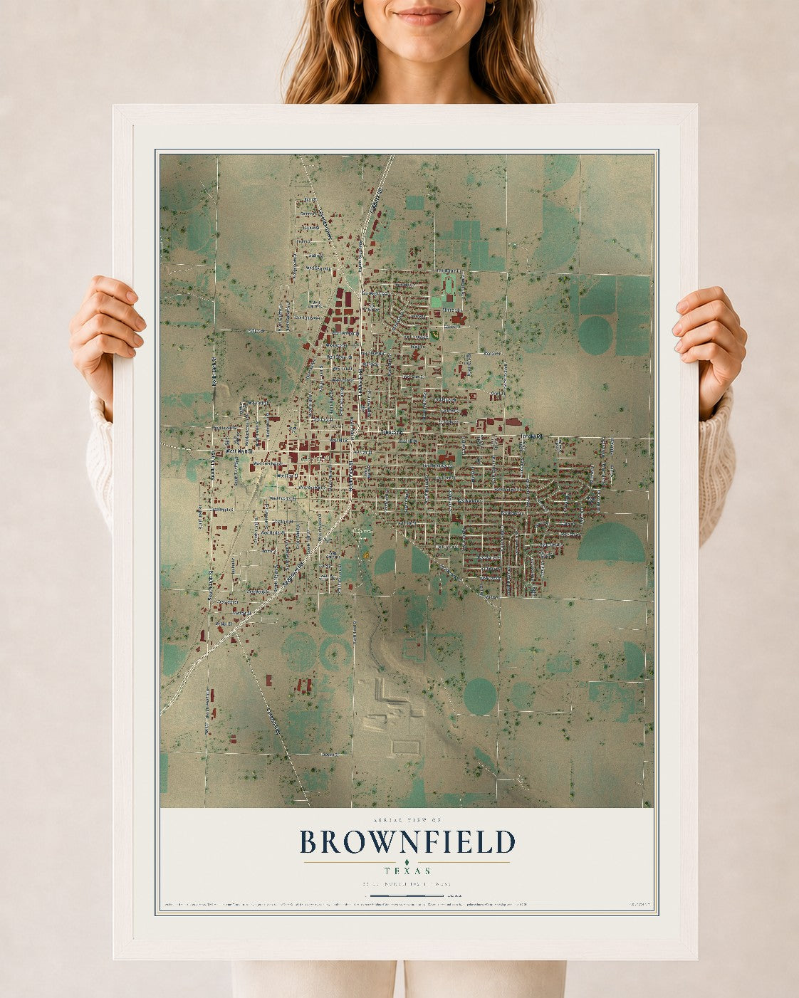 Map of Brownfield, Texas, 24 x 36 inch print in a white wood frame
