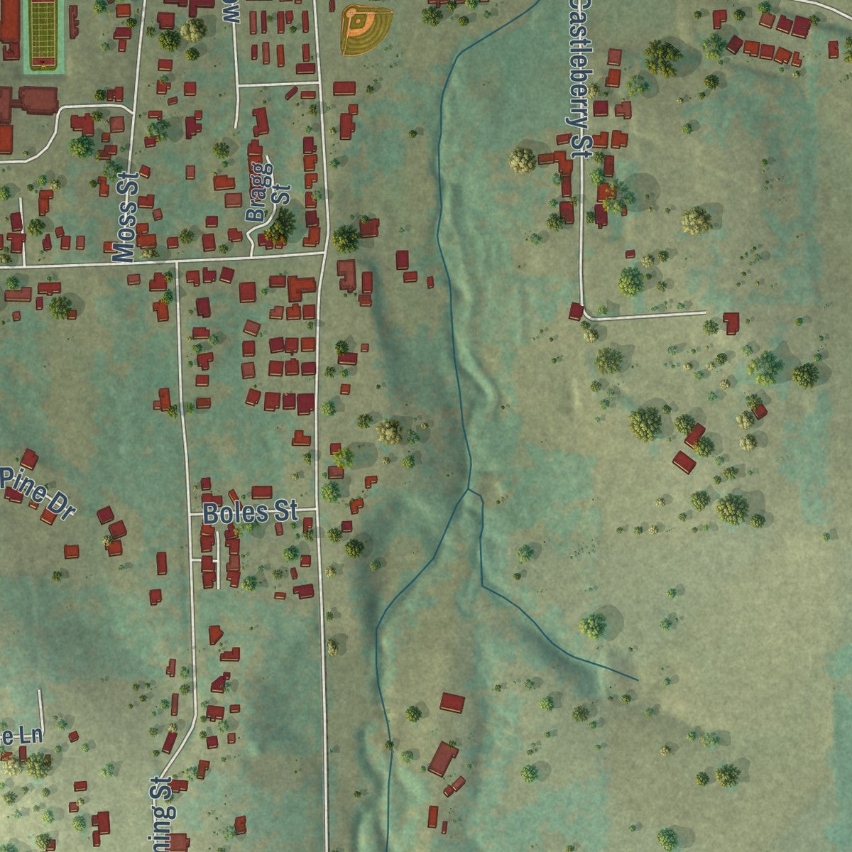 Close-up of the map of Brownsboro, Texas print showing street and building detail