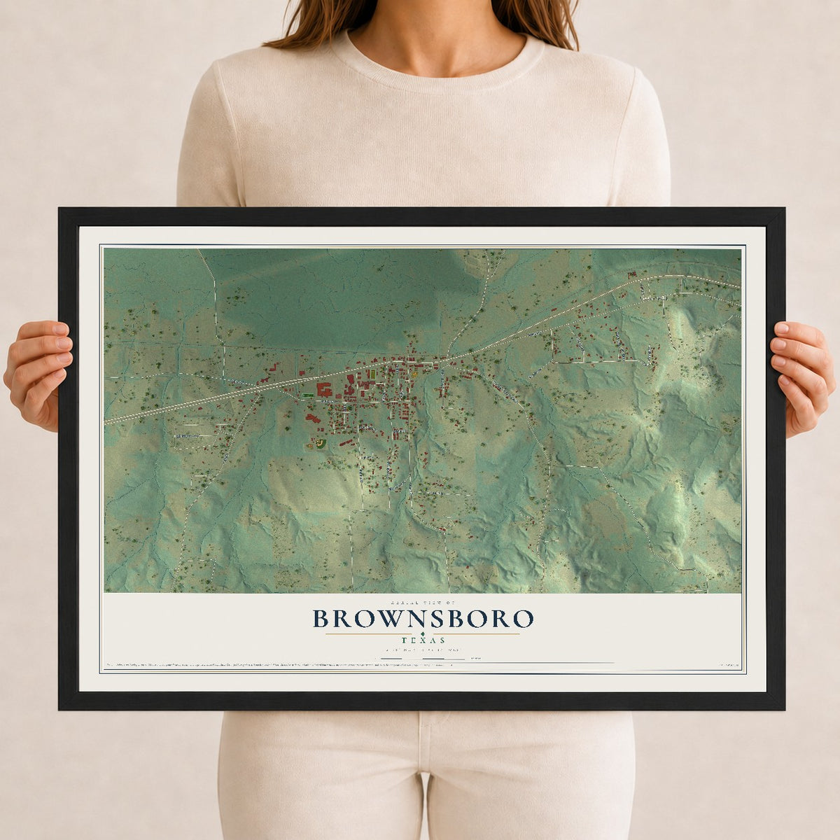 Map of Brownsboro, Texas, 12 x 18 inch print in a black wood frame