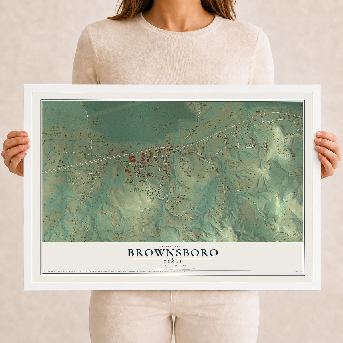 Map of Brownsboro, Texas, 12 x 18 inch print in a white wood frame