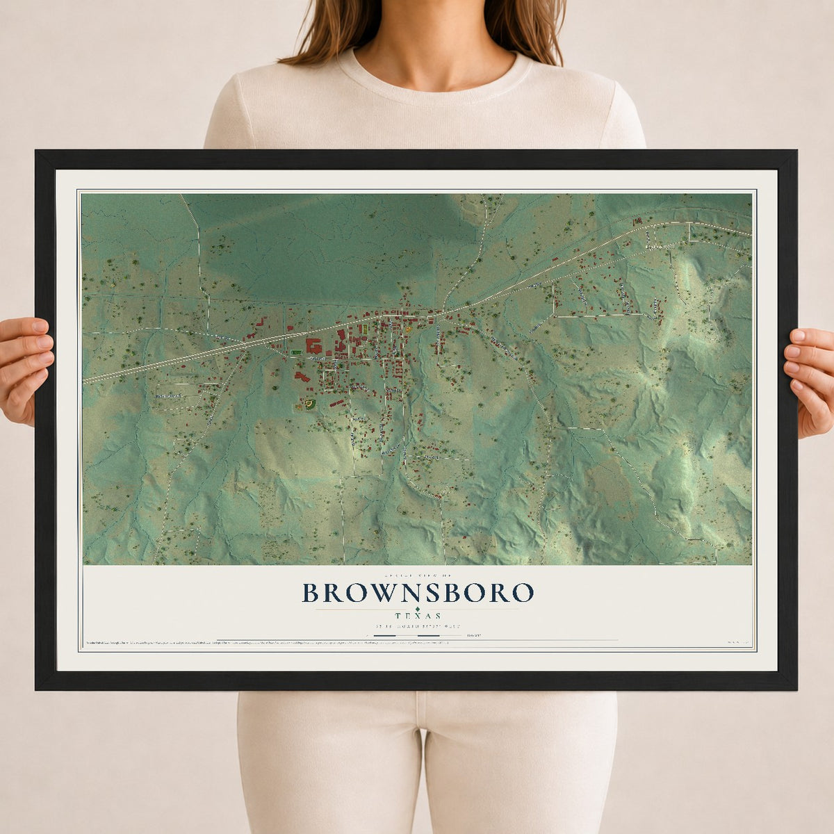 Map of Brownsboro, Texas, 18 x 24 inch print in a black wood frame