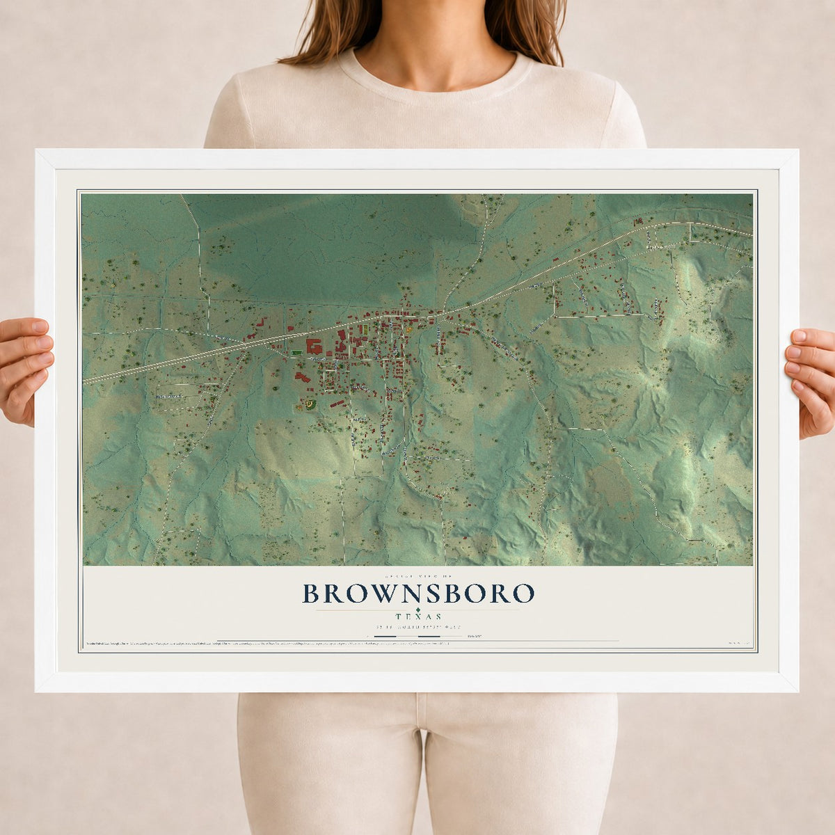 Map of Brownsboro, Texas, 18 x 24 inch print in a white wood frame