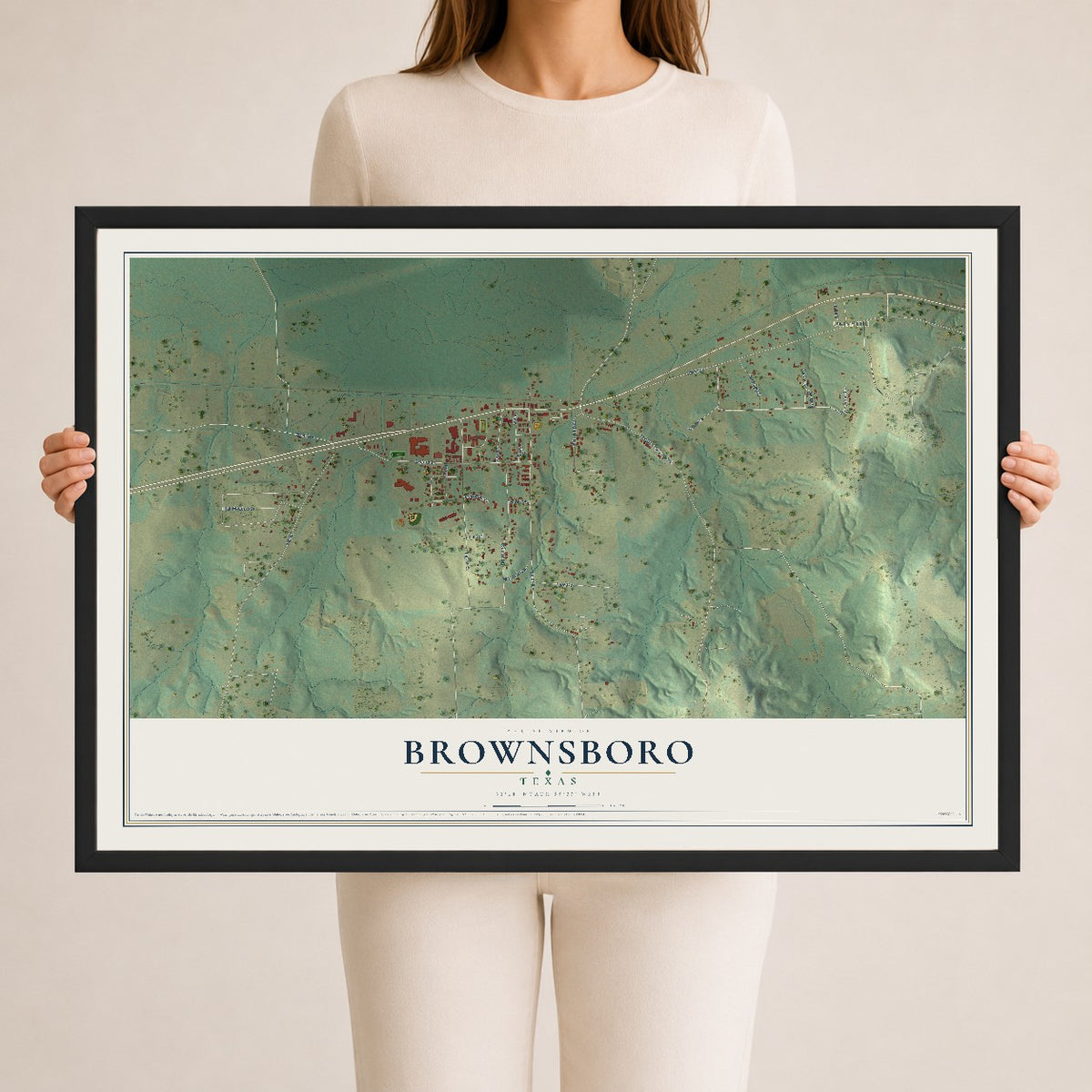 Map of Brownsboro, Texas, 24 x 36 inch print in a black wood frame