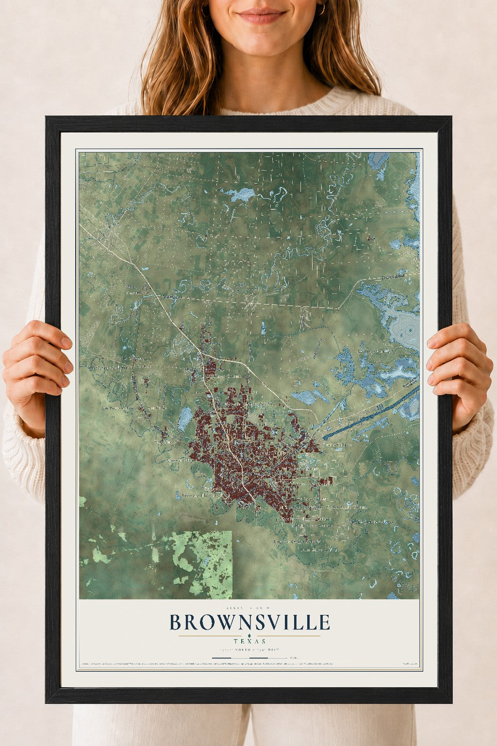 Map of Brownsville, Texas, 18 x 24 inch print in a black wood frame