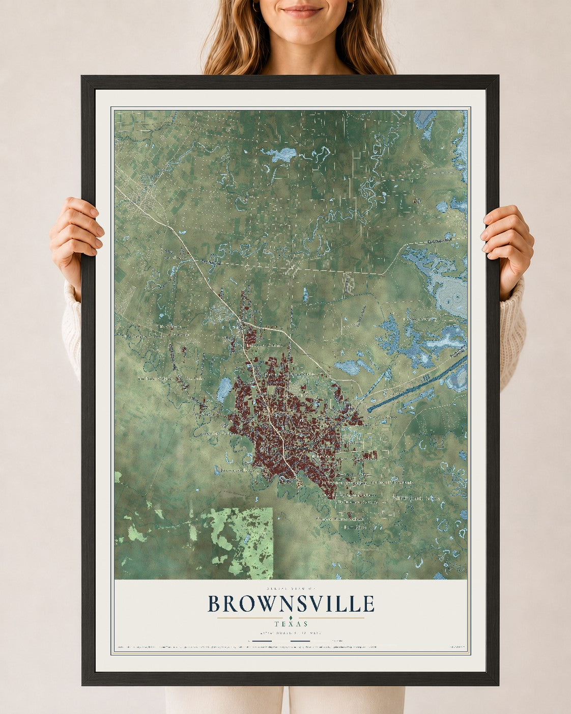 Map of Brownsville, Texas, 24 x 36 inch print in a black wood frame