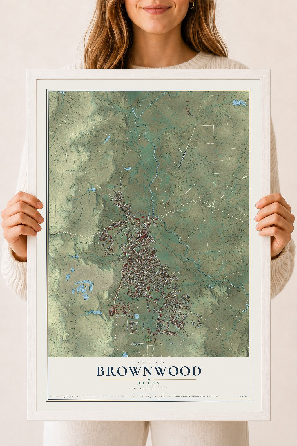 Map of Brownwood, Texas, 18 x 24 inch print in a white wood frame