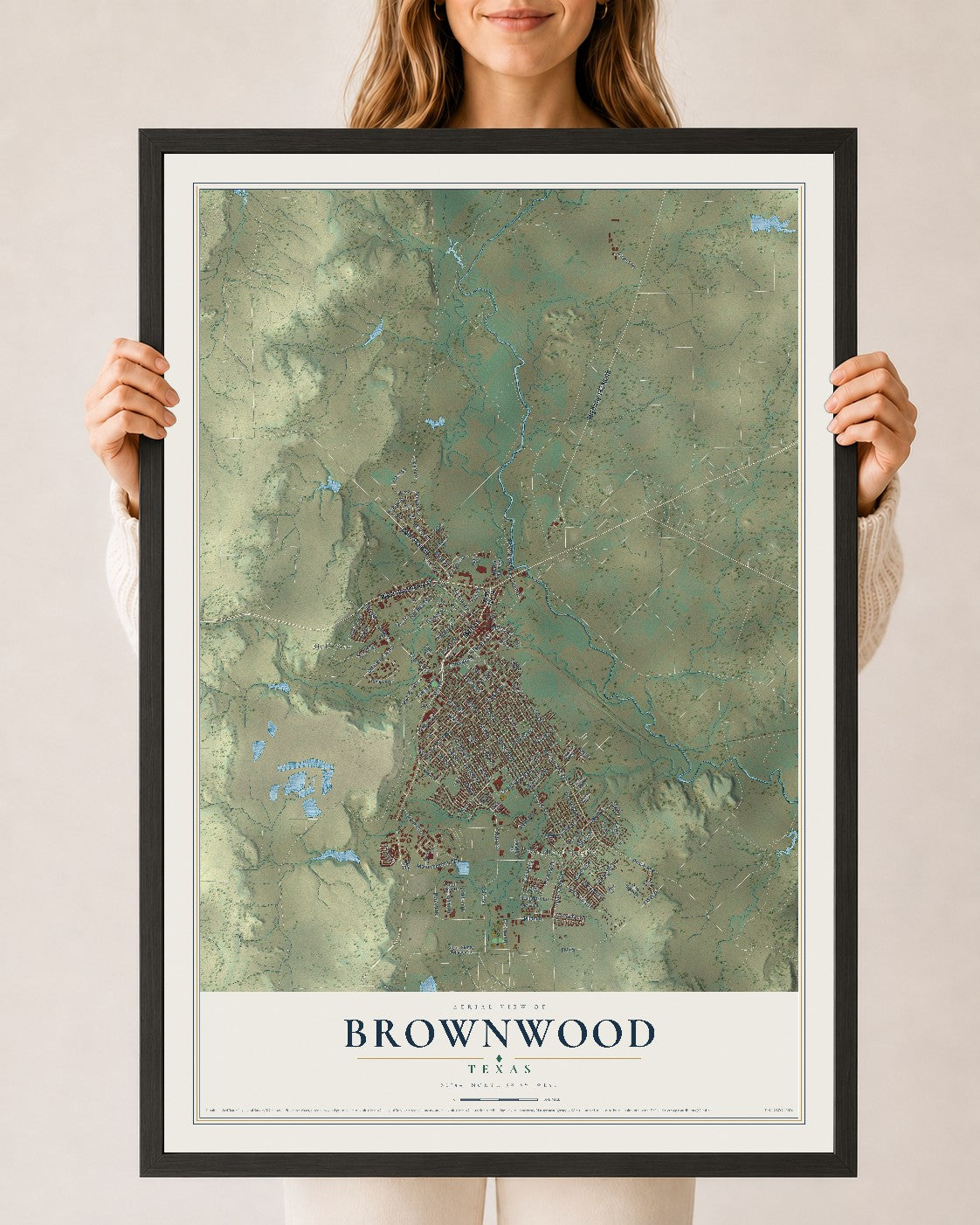 Map of Brownwood, Texas, 24 x 36 inch print in a black wood frame