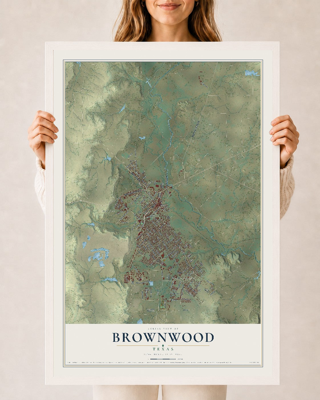 Map of Brownwood, Texas, 24 x 36 inch print in a white wood frame
