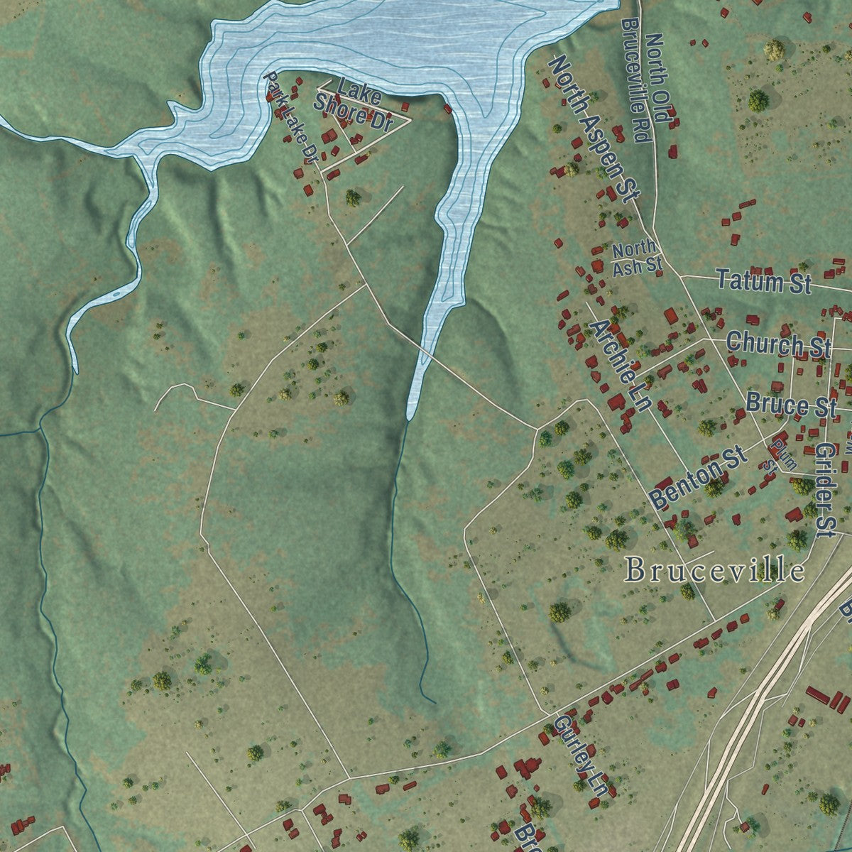 Second close-up of the map of Bruceville-Eddy, Texas print showing more streets and buildings