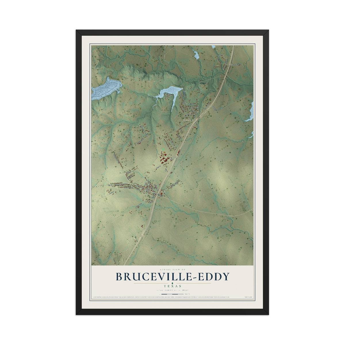 Map of Bruceville-Eddy, Texas, 12 x 18 inch print in a black wood frame